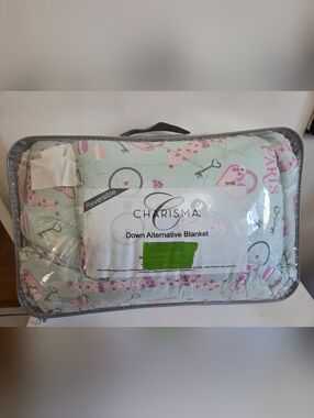 Mint & Pink Twin Comforter Set- Paris Print for Girl's Bed and Pillow Throw